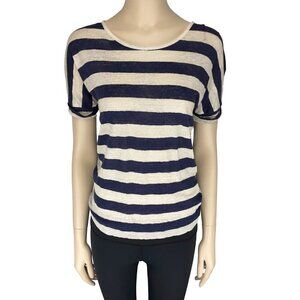 GERARD DAREL 100% Linen Boat Neck Classic Striped Navy White T-Shirt Top sz 1